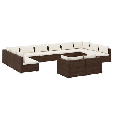 vidaXL 12 pcs conjunto lounge jardim c/ almofadões vime PE castanho