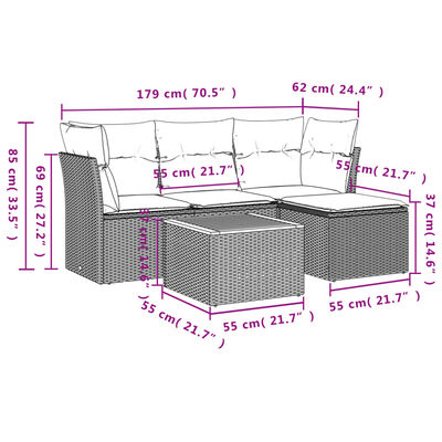 vidaXL 5 pcs conjunto de sofás p/ jardim com almofadões vime PE bege