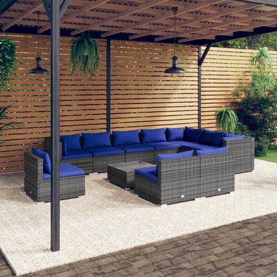 vidaXL 11 pcs conjunto lounge de jardim c/ almofadões vime PE cinzento