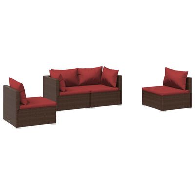 vidaXL 4 pcs conjunto lounge jardim c/ almofadões vime PE castanho