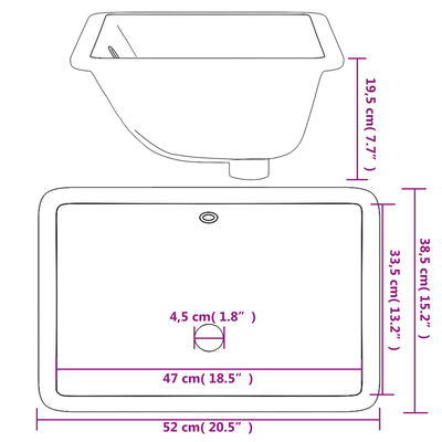 vidaXL Lavatório casa de banho retangular 52x38,5x19,5 cerâmica branco