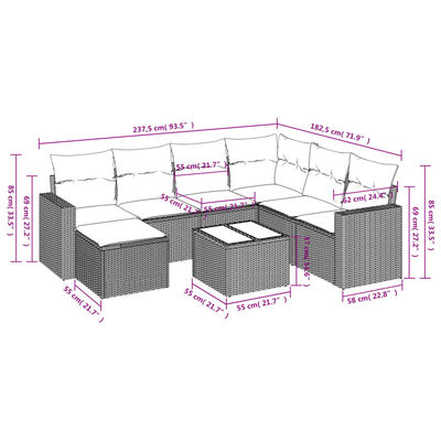 vidaXL 8 pcs conjunto sofás de jardim com almofadões vime PE preto