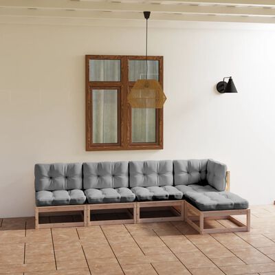 vidaXL 5 pcs conjunto lounge de jardim c/ almofadões pinho maciço