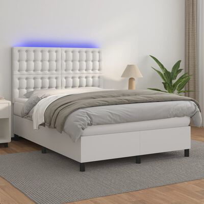 vidaXL Cama box spring c/colchão/LED 140x200cm couro artificial branco