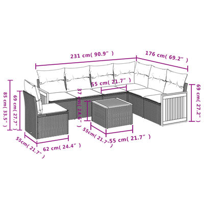 vidaXL 7 pcs conjunto de sofás p/ jardim com almofadões vime PE bege