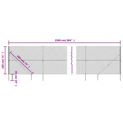 vidaXL Cerca de arame com estacas de fixação 1,8x25 m prateado