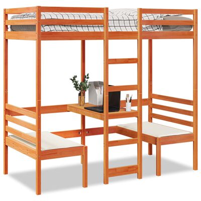 vidaXL Cama alta c/ secretária/cadeiras 75x190 cm pinho castanho-mel