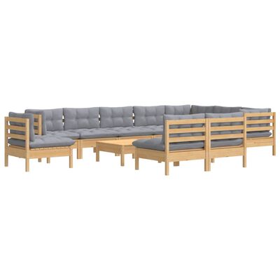 vidaXL 11pcs conjunto lounge de jardim + almofadões cinza pinho maciço