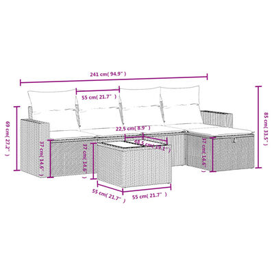 vidaXL 6 pcs conjunto sofás de jardim c/ almofadões vime PE preto