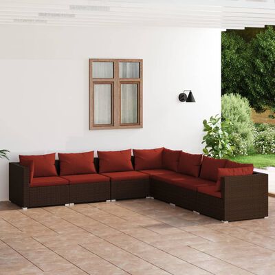 vidaXL 7 pcs conjunto lounge jardim c/ almofadões vime PE castanho