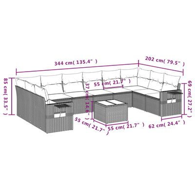 vidaXL 11 pcs conjunto sofás de jardim c/ almofadões vime PE bege