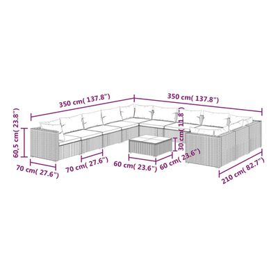 vidaXL 12 pcs conjunto lounge de jardim c/ almofadões vime PE castanho