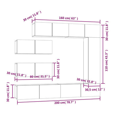 vidaXL Conjunto móveis de TV 7 pcs madeira processada sonoma cinza