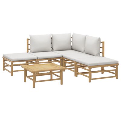 vidaXL 6 pcs conj. lounge de jardim bambu c/ almofadões cinzento-claro