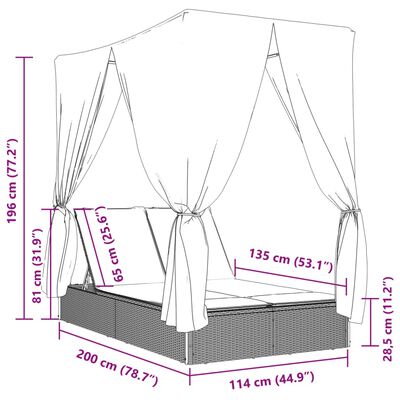 vidaXL Espreguiçadeira dupla com teto e cortinas vime PE bege