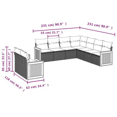 vidaXL 9 pcs conjunto sofás p/ jardim com almofadões vime PE cinzento