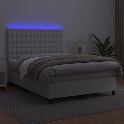 vidaXL Cama box spring c/colchão/LED 140x200cm couro artificial branco