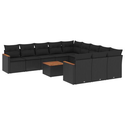 vidaXL 12 pcs conjunto de sofás de jardim c/ almofadões vime PE preto