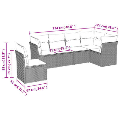 vidaXL 6 pcs conjunto sofás de jardim com almofadões vime cinzento