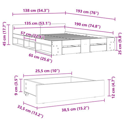 vidaXL Estrutura de cama c/ gavetas 135x190 cm derivados madeira preto