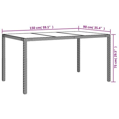 vidaXL Mesa de jardim 150x90x75 cm vidro temperado e vime PE castanho