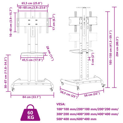 vidaXL Suporte de TV c/ rodas ecrãs de 32-70" Max VESA 600x400mm 60kg