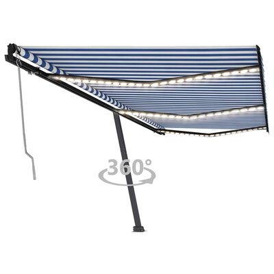 vidaXL Toldo autom. c/ LED e sensor de vento 600x350 cm azul/branco