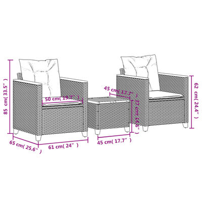 vidaXL Conjunto de bistrô com almofadões 3 pcs vime PE e acácia preto