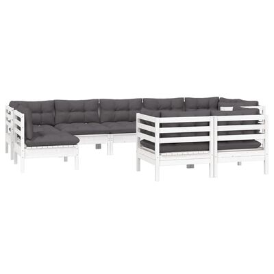 vidaXL 9 pcs conj. lounge de jardim c/ almofadões pinho maciço branco