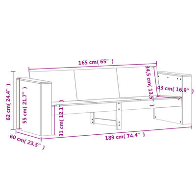 vidaXL Sofá 3 lugares p/ jardim 189x60x62 cm pinho maciço castanho-mel