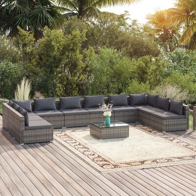 vidaXL 11 pcs conjunto lounge de jardim c/ almofadões vime PE cinzento