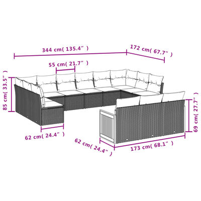 vidaXL 13 pcs conjunto de sofás p/ jardim com almofadões vime PE bege