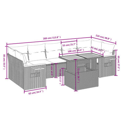 vidaXL 8 pcs conjunto sofás de jardim com almofadões vime PE preto