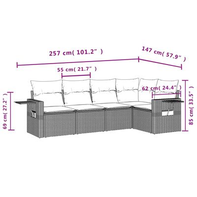 vidaXL 5 pcs conjunto sofás p/ jardim c/ almofadões vime PE castanho