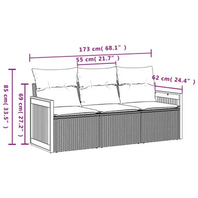 vidaXL 3 pcs conjunto de sofás p/ jardim com almofadões vime PE bege