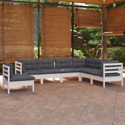 vidaXL 7 pcs conj. lounge de jardim c/ almofadões pinho maciço branco