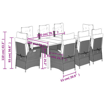 vidaXL 9 pcs conjunto de jantar p/ jardim com almofadões vime PE bege