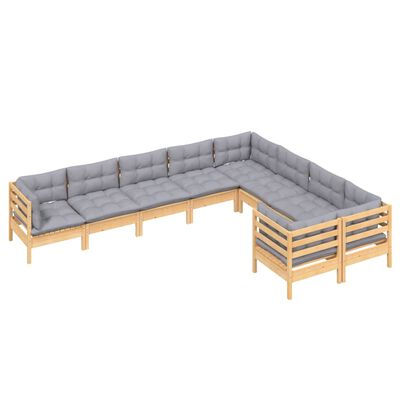 vidaXL 9 pcs conjunto lounge de jardim c/ almofadões cinzentos pinho