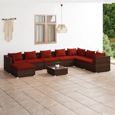 vidaXL 9 pcs conjunto lounge jardim c/ almofadões vime PE castanho