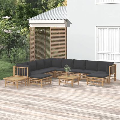 vidaXL 12pcs conj. lounge de jardim bambu c/ almofadões cinza-escuro