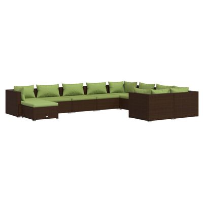 vidaXL 10 pcs conjunto lounge de jardim c/ almofadões vime PE castanho