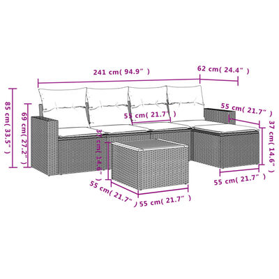 vidaXL 6 pcs conjunto sofás de jardim c/ almofadões vime PE preto