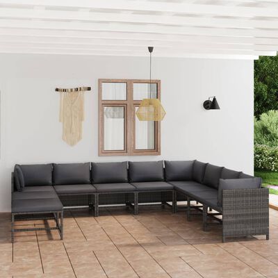 vidaXL 11 pcs conjunto lounge de jardim c/ almofadões vime PE cinzento