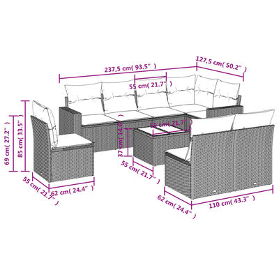 vidaXL 9 pcs conjunto de sofás p/ jardim com almofadões vime PE bege