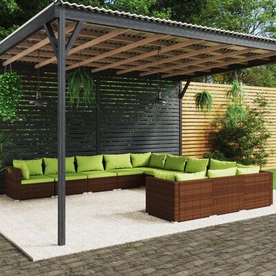 vidaXL 11 pcs conjunto lounge jardim c/ almofadões vime PE castanho