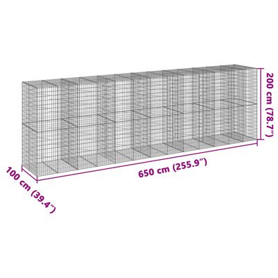 vidaXL Cesto gabião com cobertura 650x100x200 cm ferro galvanizado