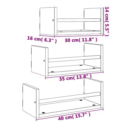 vidaXL 3pcs prateleiras parede c/ barras deriv. madeira cinza sonoma