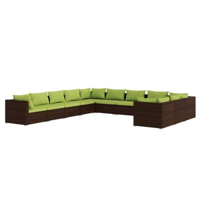 vidaXL 11 pcs conjunto lounge jardim c/ almofadões vime PE castanho