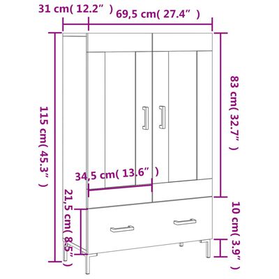 vidaXL Aparador alto 69,5x31x115 cm derivados madeira branco brilhante