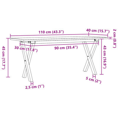 vidaXL Mesa de centro estrutura em X 110x40x45cm pinho e ferro fundido